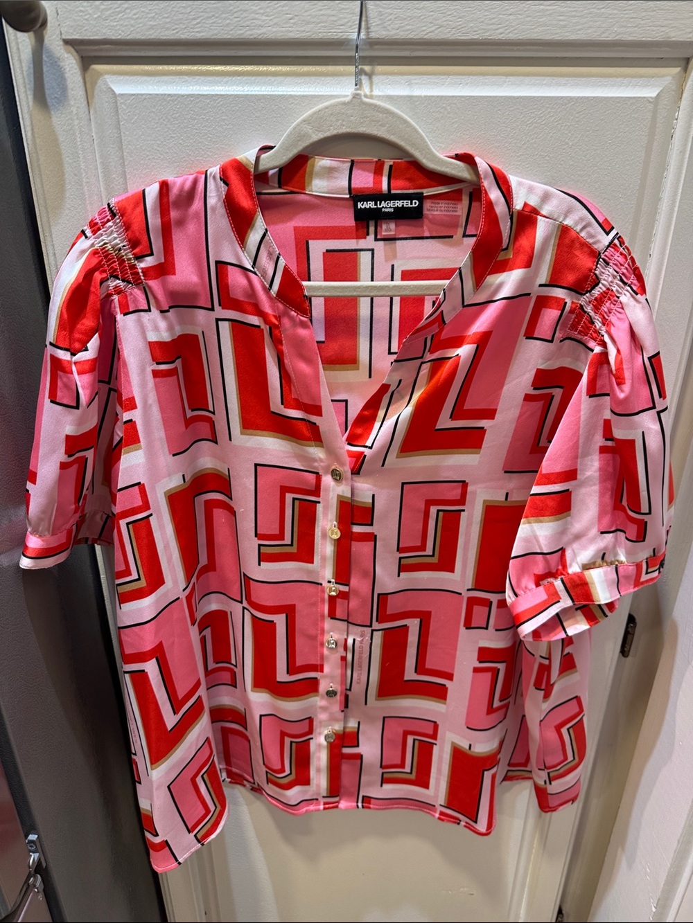 Karl Lagerfeld Pink & Red Geometric Short-Sleeve Button-Down Blouse